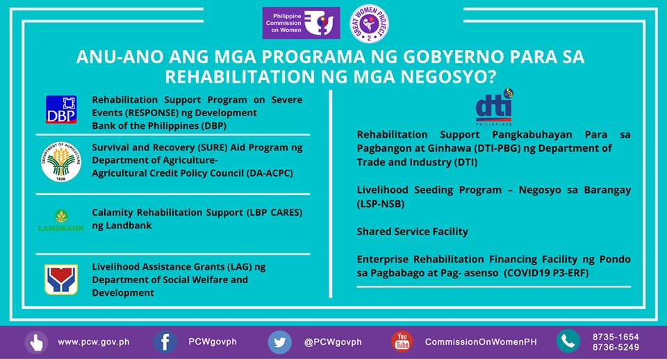 PCWgovph's tweet image. Pagkatapos ng krisis sa kalusugan, maaaring bumangon muli ang mga negosyo ng Women Micro Entrepreneurs na naapektuhan nito. Narito ang mga programa ng gobyerno na maaaring makatulong sa inyo:

#WEEwillSurvive #WEEcanbeatCOVID19 #WEEcandoit