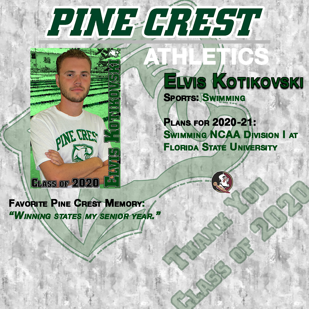 GoPineCrest's tweet photo. Thank you Elvis Kotikovski for your career contribution to Pine Crest Athletics #PC2020 #PCSwimming https://t.co/oign0Xh0C4