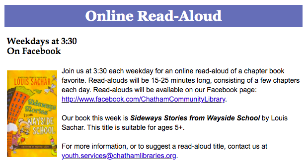 CCPL Youth Services is hosting a read aloud chapter book every weekday at 3:30 pm for ages 5+. Check it out!
facebook.com/ChathamCommuni…