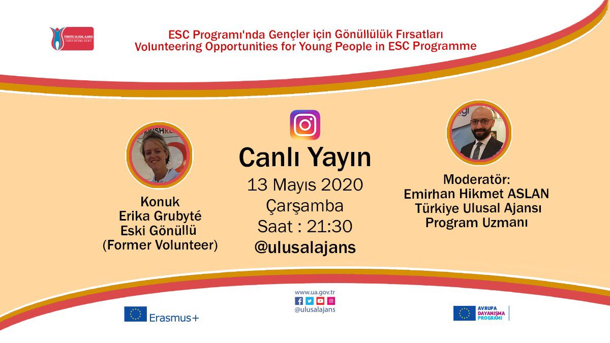 ulusalajans's tweet photo. Avrupa Dayanışma Programında (ESC) gençler için gönüllülük fırsatlarını konuşacağımız instagram canlı yayınımıza davetlisiniz👇🏼

13 Mayıs 2020 Çarşamba Günü saat 21.30’da 👇🏼

@ulusalajans instagram sayfamızda bize katılın: 
https://t.co/YGmFB41YYT https://t.co/VyT4aB04Kk