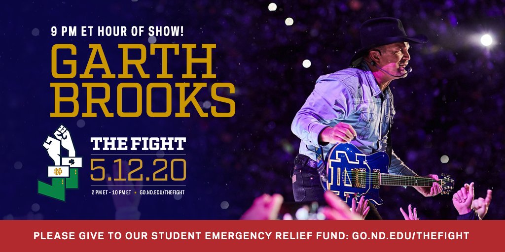 NDjsmall's tweet photo. Just announced that @garthbrooks is part of the All-Star guest list for THE FIGHT -- the show begins tomorrow online at 2 PM ET tomorrow!
Watch it LIVE from Notre Dame at: https://t.co/nQOdICvKKt
#TheFig https://t.co/fpeJcEvCVz