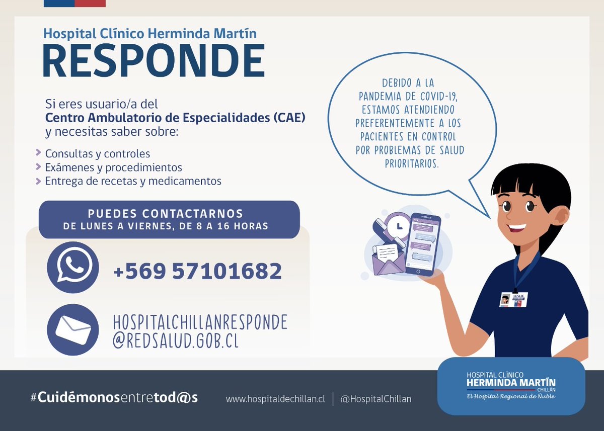 HospitalChillan's tweet photo. Si eres paciente del Centro Ambulatorio de Especialidades y tienes dudas sobre consultas, controles, exámenes, procedimientos, entrega de recetas o medicamentos,
contáctanos a: 

📞+56957101682 
📩hospitalchillanresponde@redsalud.gob.cl
de lunes a viernes, de 8 a 16 horas https://t.co/U4ASWu053v