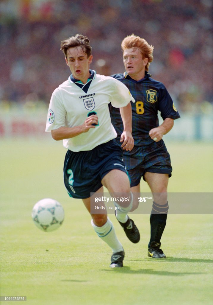 Gary Neville, full-back.Not the most flattering – or even halfway recognisable – of likenesses for  @GNev2, who by then had 10 caps and might have expected more. Mouth agape at how far standards have fallen after a strong start. For the hair alone, it’s 3/10 #Euro96Relived  