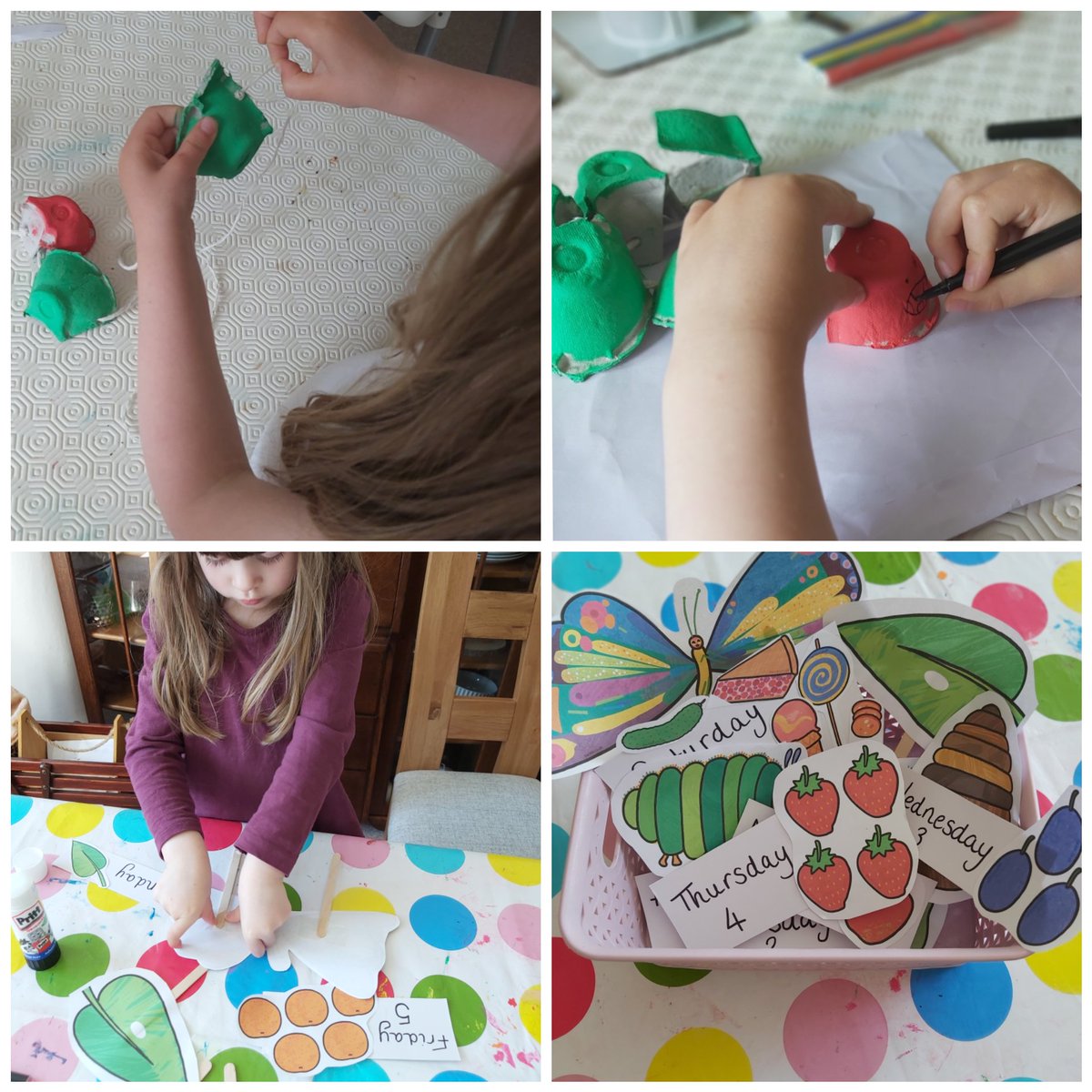Lou16N's tweet photo. @OldEarthSchool @OldEarthNursery Eleni is still enjoying the Hungry Caterpillar, she has made a caterpillar by threading string through a painted egg box and made props for a story basket so she can re tell us the story. https://t.co/sG78YHAt9i