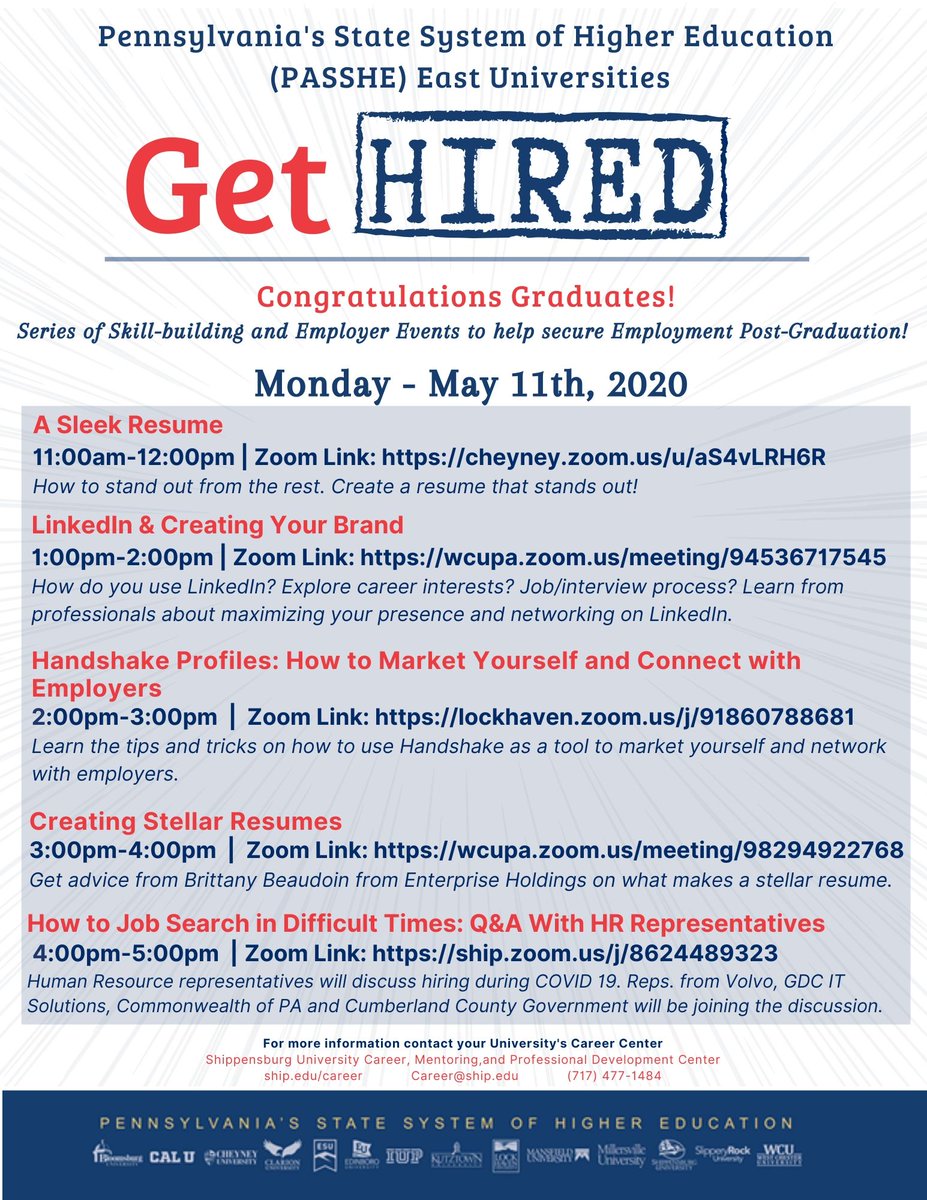 New graduates and current students, don't let summer get in the way of your job and internship search

Join us today for the kick off to a series of daily workshops to get you prepared for our May 21st Virtual Career Fair!

Check out ship.edu.career for most details.