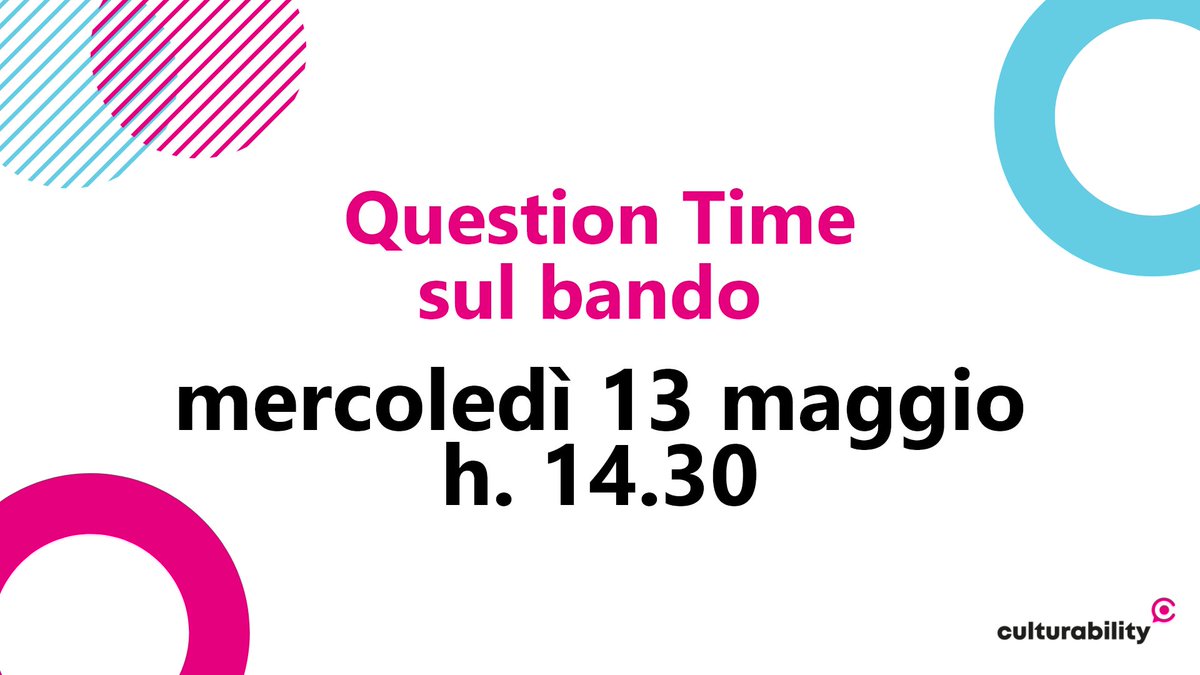 Continuano i Question Time su #culturability: il secondo appuntamento è per questo mercoledì 13 maggio alle 14.30.

Tutte le info sul programma, su come inviare le proprie domande e su come iscriversi a questo link: bit.ly/2VMsVvH

#culturability6 #culturability