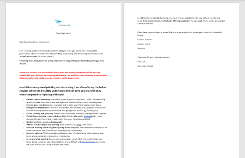 Going back to work?

After last night, I know a lot of you decorators will want to reach out to clients &amp; let them know you can now take bookings. 

To help, I have written 2 email templates you can quickly edit and send out. Download free via the link:

jmears.co.uk/sales-tips-and…