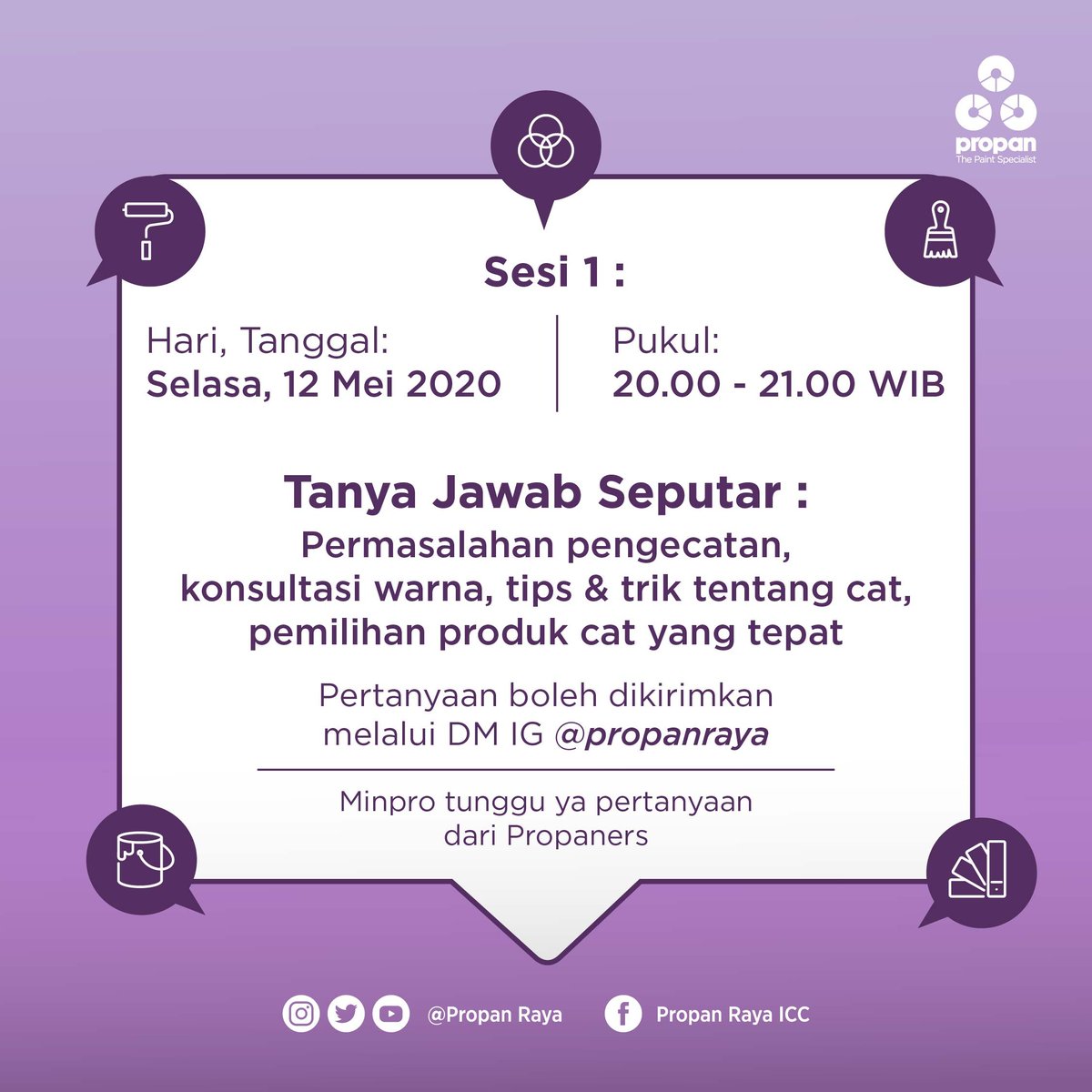 Hai Propaners,
Besok selasa jam 8 malam (set alarm nya ya), MinPro mau Chit Cat di IG live nih. Mau obrolin seputar pengecatan 😍

Banyak solusi dan inspirasi seputar pengecatan buat propaners lhok 😉
#caricatcaripropan