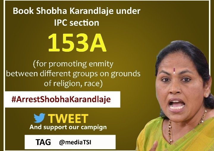 The Karnataka state Parliamentarian Shobha Karandlaje, has been mired in communal hatred targeting a community without emphasizing India's parliamentary seat. So, immediately arrest and take stern action.
#ArrestShobhaKarandlaje
#CommunalAttack 
#hate_speech 
#IndiaNews