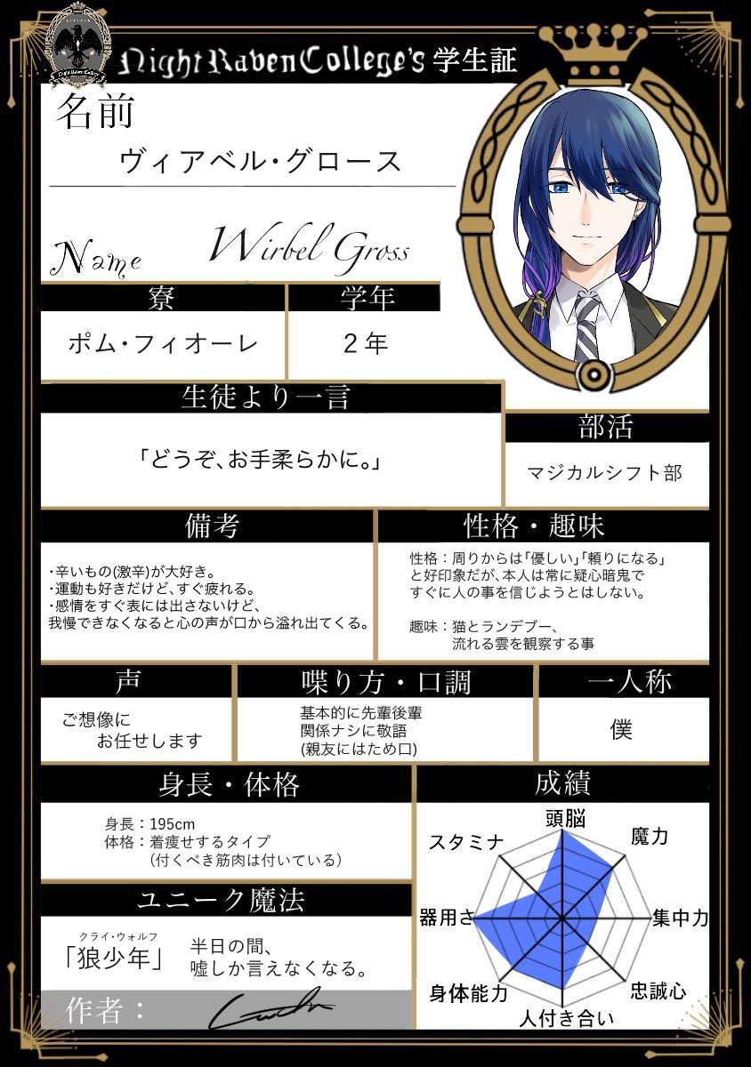 #フォロワーさんからイメージもらって自分のツイステ生徒つくる
#twst創作生徒
大変お待たせしました!
とりあえずこのへんでご勘弁を。。
被ってしまったイメージ箇所は先に頂いた方を採用しております。ご了承ください。