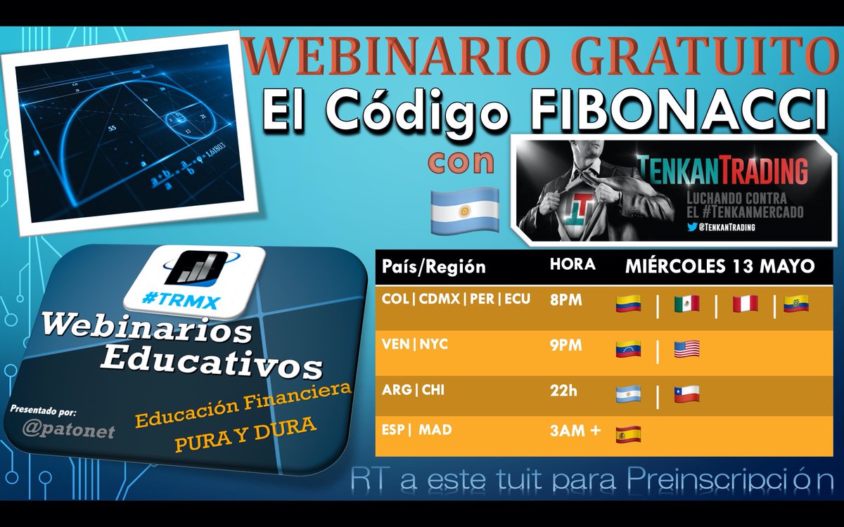 patonet's tweet photo. #Webinario Gratuito #TRMX “El Código Fibonacci” con @TenkanTrading 🇦🇷
organizado por @patonet
Miércoles 13 de Mayo
8pm CDMX 🇲🇽COL 🇨🇴 PER 🇵🇪
9pm VEN 🇻🇪 NYC 🇺🇸
22h ARG 🇦🇷 CHI 🇨🇱
3am+ ESP 🇪🇸
Con el auspicio de @CEIFpro 
RT para preinscribirse https://t.co/yXqiTQ5fAc