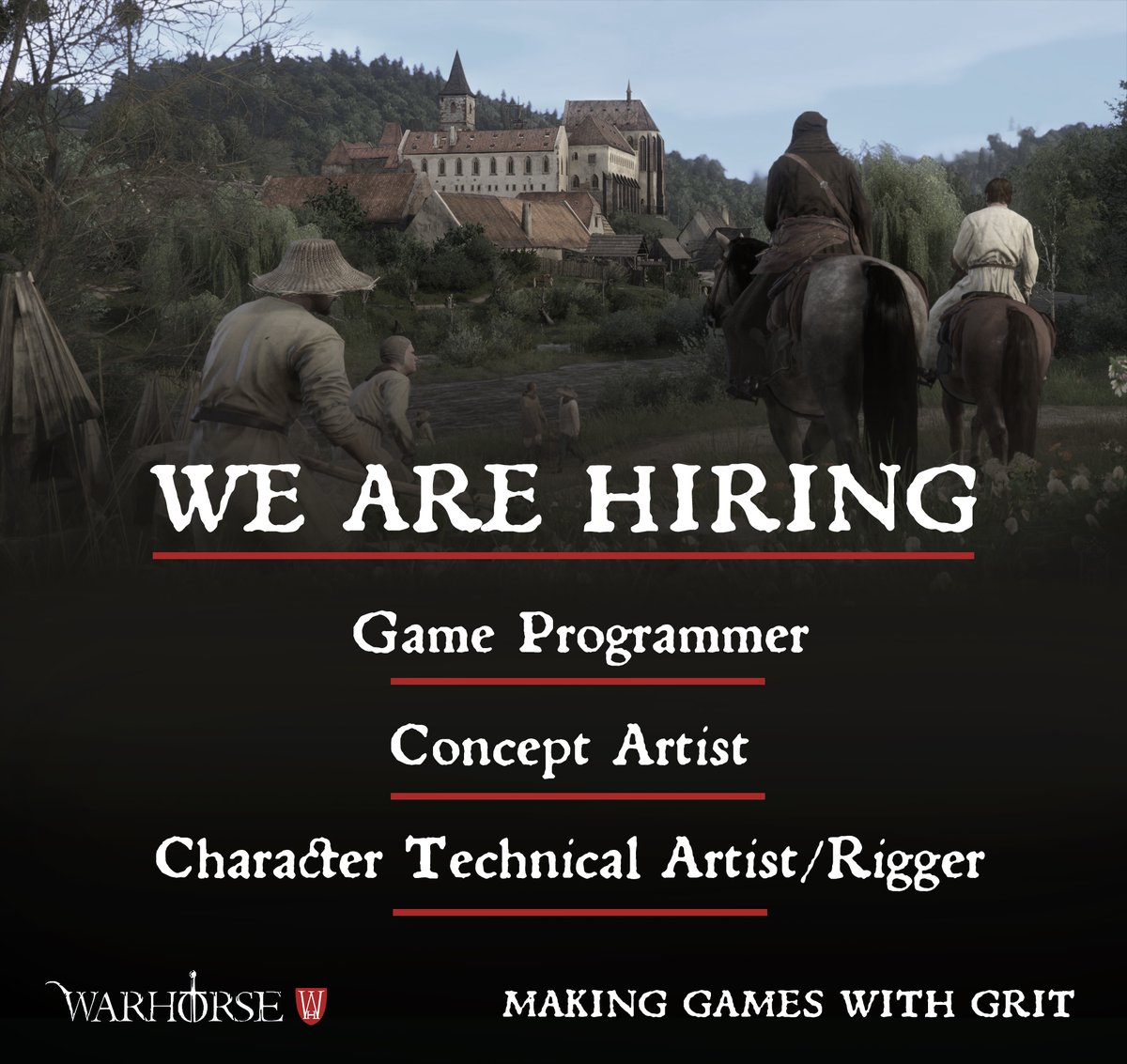 WarhorseStudios's tweet photo. We are hiring! Join the team of Warhorse Studios as a Game Programmer, Concept Artist, Character Technical Artist/Rigger or take a look at our homepage at https://t.co/KtiZPFfRnA for more open positions.
📩 jobs@warhorsestudios.cz https://t.co/XI5tKaqTHQ