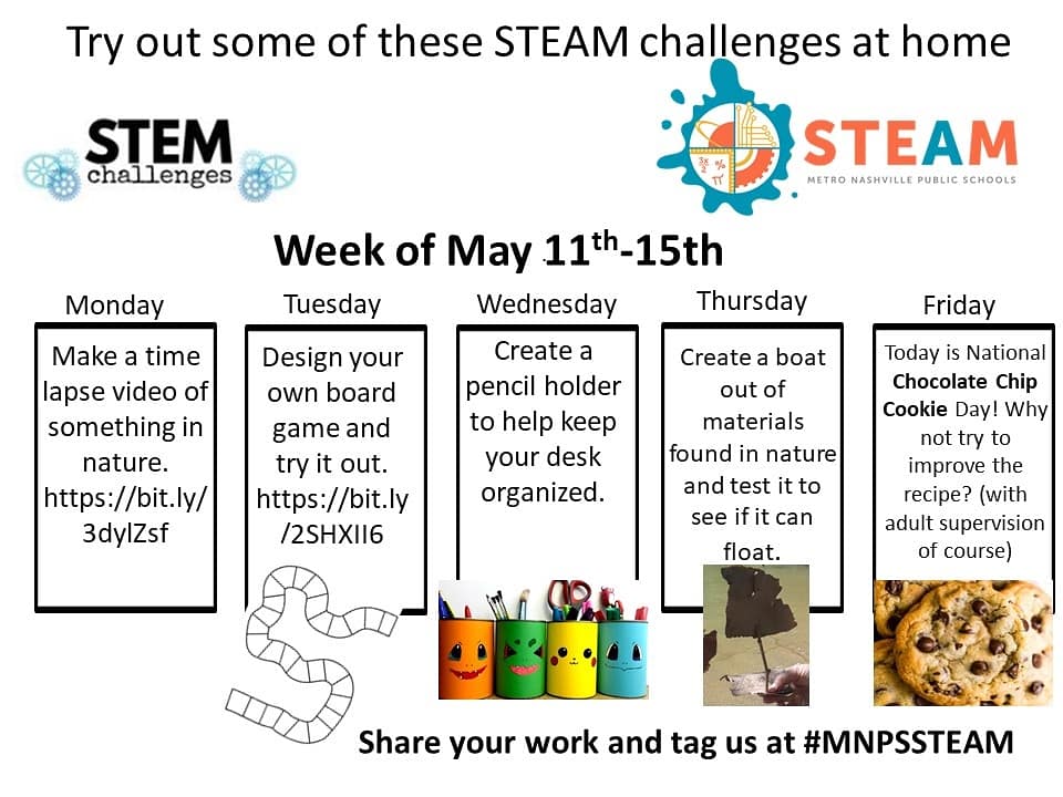 MNPS_STEAM's tweet photo. This week's STEAM challenges! Tag us #MNPSSTEAM https://t.co/Or1fVBk5SE