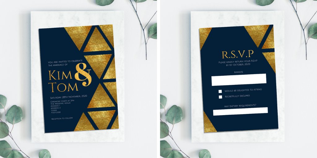 PorterPrints's tweet photo. #Navy &amp; #Gold wedding invitation pack, includes the invitation, RSVP, menu card, and thank you card for after 💙💛

#Wedding #WeddingStationery #StationeryDesigner #StationeryDesign #Designer https://t.co/kkmg4sOmwn