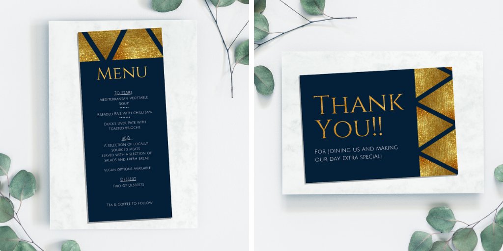 PorterPrints's tweet photo. #Navy &amp; #Gold wedding invitation pack, includes the invitation, RSVP, menu card, and thank you card for after 💙💛

#Wedding #WeddingStationery #StationeryDesigner #StationeryDesign #Designer https://t.co/kkmg4sOmwn