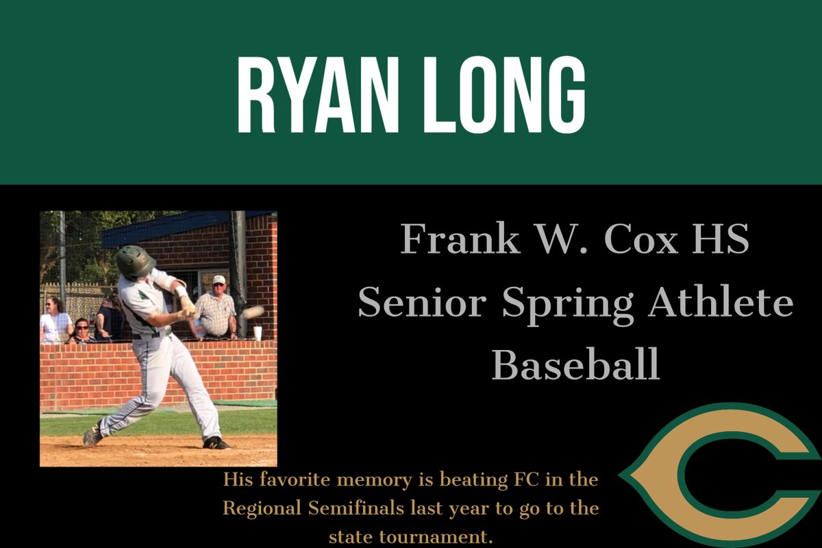 Frank W. Cox HS (@frankwcoxhs) on Twitter photo Today we celebrate a <a href="/Cox__Baseball/">Cox Baseball</a> student-athlete, Ryan Long! Ryan will head to Lynchburg in the fall to continue his academic and athletic career. #FalconAwesome #ClassOf2020 Today we celebrate a <a href="/Cox__Baseball/">Cox Baseball</a> student-athlete, Ryan Long! Ryan will head to Lynchburg in the fall to continue his academic and athletic career. #FalconAwesome #ClassOf2020