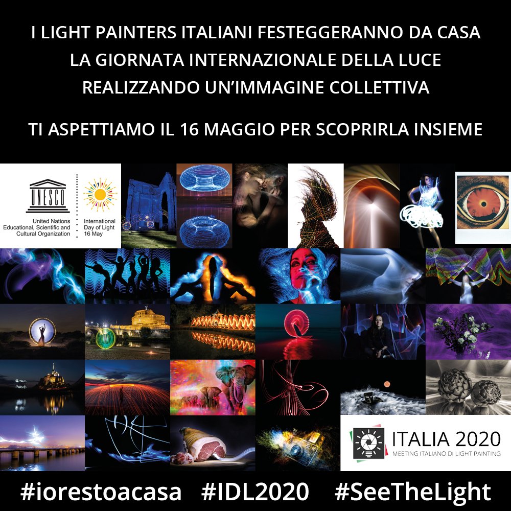 lightpaintinglp's tweet photo. L'edizione 2020 della Giornata Internazionale della Luce sta arrivando! Quest'anno i light painters italiani creeranno un'immagine collettiva, ma restando nelle proprie case! Curiosi di vederla? 😊 Vi aspettiamo, sempre qui, Sabato 16 Maggio! 
#iorestoacasa #IDL2020 #SeeTheLight https://t.co/ZcQeShf6dZ