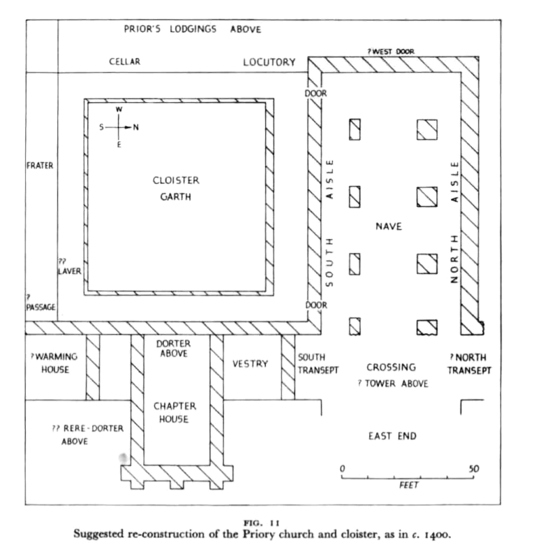 so here is the Austin Priory of Bicester, f.1180s, where the famous shrine base came from. I had to overlay three plans to work out where on earth it was! The data is essentially from sightings of foundations early 19thc and excavations in 1960s (nave) and 2013 (E end)