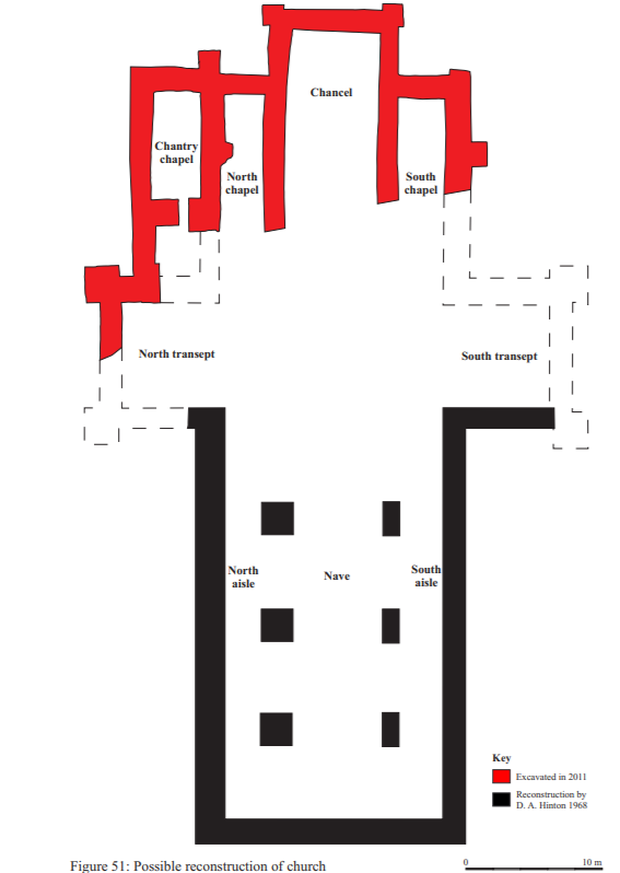 so here is the Austin Priory of Bicester, f.1180s, where the famous shrine base came from. I had to overlay three plans to work out where on earth it was! The data is essentially from sightings of foundations early 19thc and excavations in 1960s (nave) and 2013 (E end)