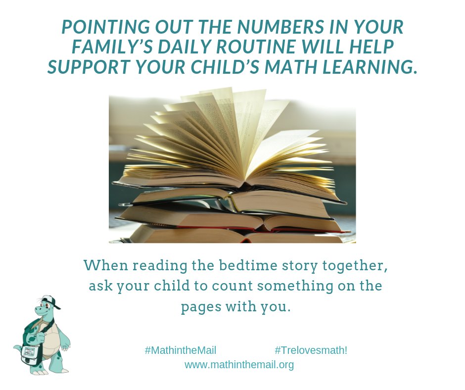 MathintheMail's tweet photo. When reading a bedtime story together, ask your child to count something on the pages with you! #MathintheMail #Trelovesmath! https://t.co/VYjMuqOR9V