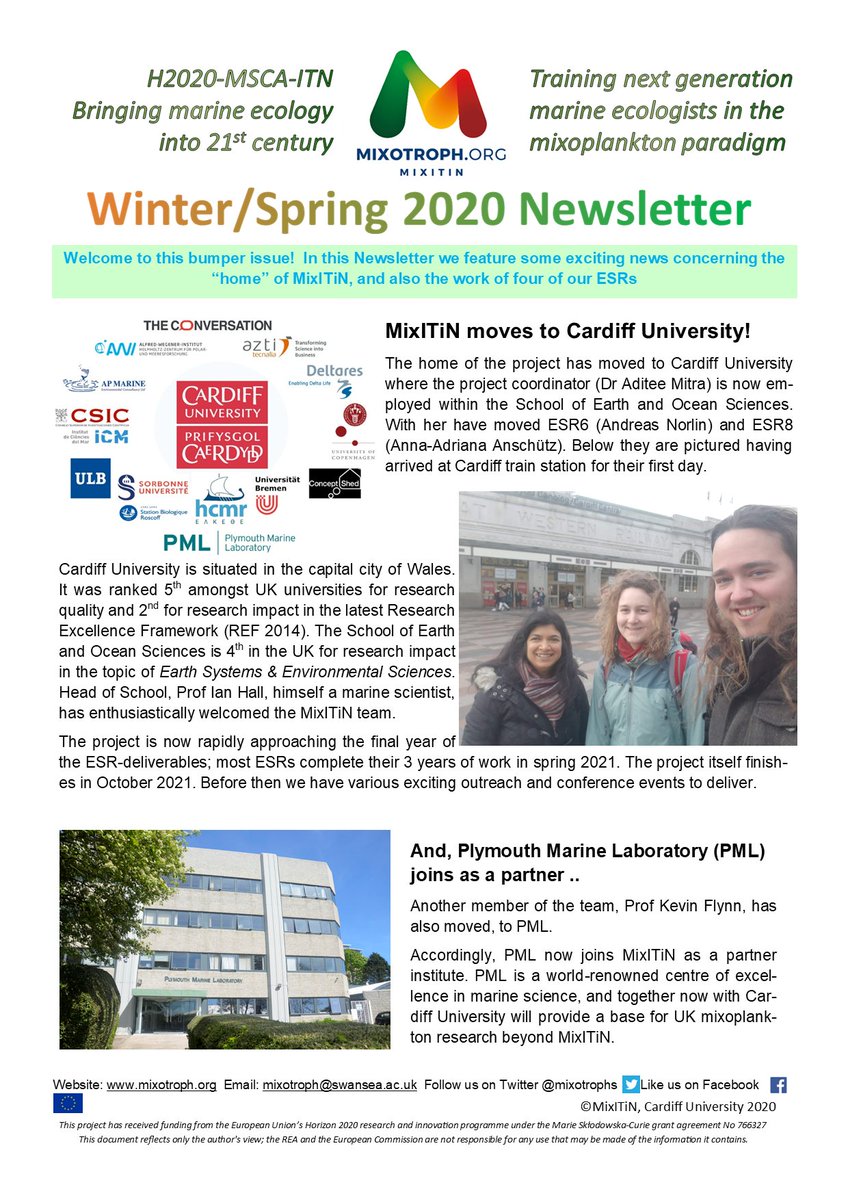 mixotrophs's tweet photo. Latest Newsletter now online! This bumper issue has exciting news about MixITiN's new “home” @CU_EARTH @cardiffuni &amp; a new partner @PlymouthMarine. Also, fascinating research insights from our ESRs @Mena_Romano90 @claudia_traboni @JonLapeyra Check it out: https://t.co/R2WZIdAhj1 https://t.co/liUjt4lEWk