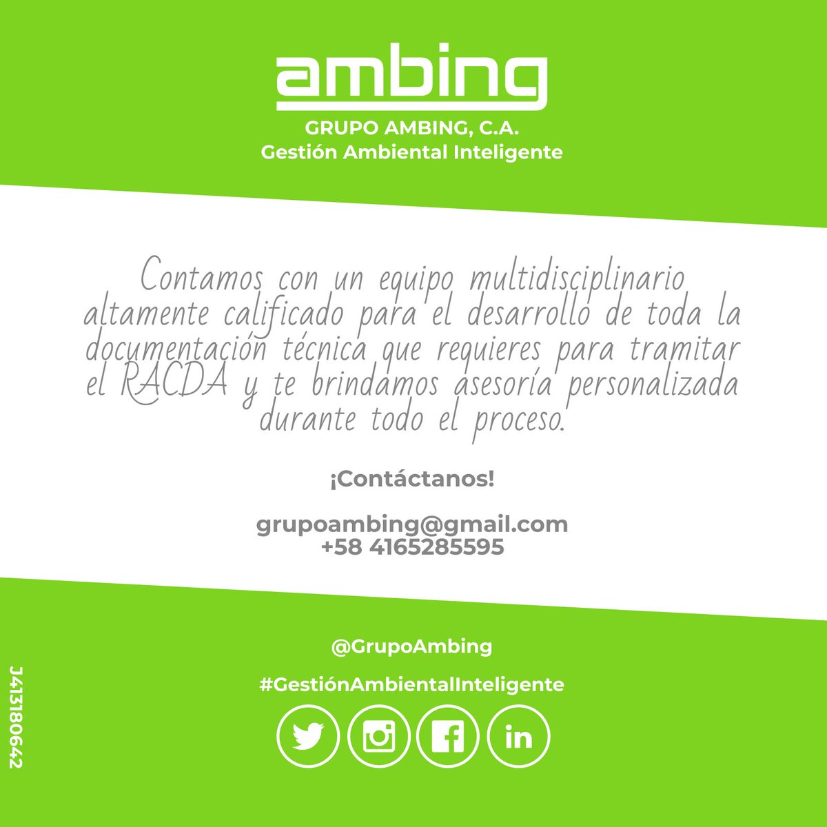 GrupoAmbing's tweet photo. #Ambing | En @GrupoAmbing te ayudamos a cumplir con el marco legal y a mantenerte al día con tus obligaciones ambientales. 5/5
¡Contáctanos!
grupoambing@gmail.com
+58 4165285595
#GestiónAmbientalInteligente #Venezuela #RACDA https://t.co/FMIBP9W4wY