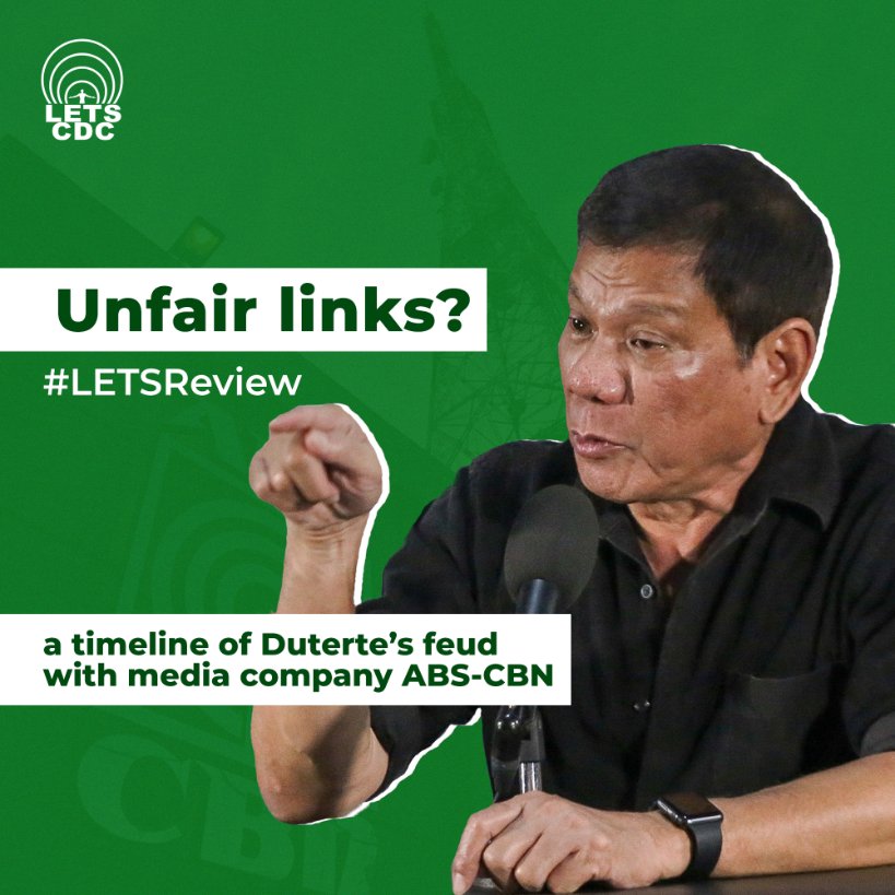 LETSCDC's tweet photo. Today, #LETSReview the timeline of events between Duterte and ABS-CBN up until their signing off.
Our fight for press freedom continues.
#NoToABSCBNShutdown
#StandWithABSCBNWorkers
#DefendPressFreedom
#OustDuterteNow https://t.co/y7K2WgL554