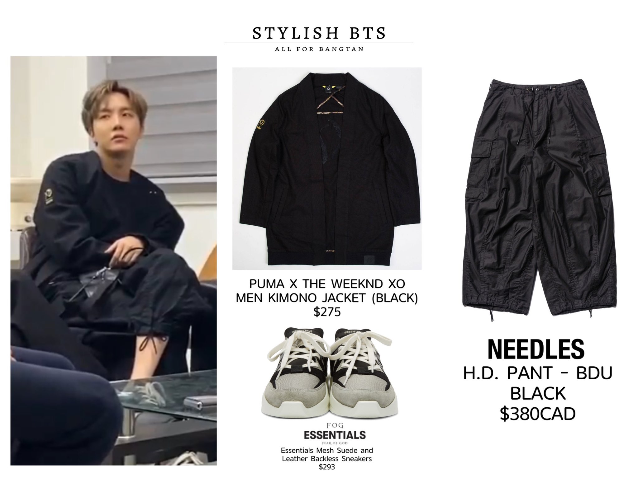 Stylish BTS on X Jhope 200511 Youtube Stream Live BTS Jacket PUMA X THE WEEKND XO Shoes FEAR OF GOD Pant NEEDLES https t aHpbz7IVjF X