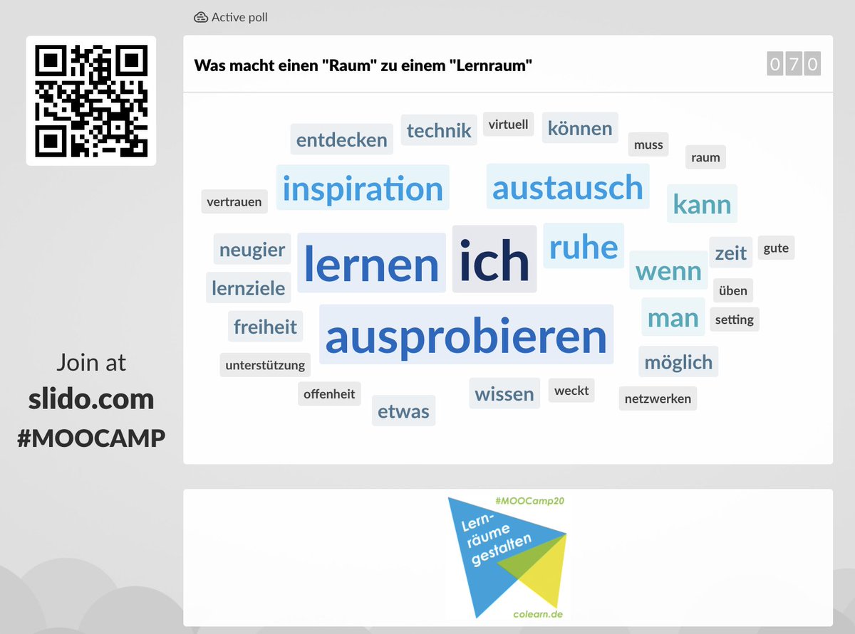 PesePeter's tweet photo. Ein erstes Zwischenergebnis: Was macht einem "Raum" zum "Lernraum"? Ihr könnt eure Meinungen weiterhin in Slido teilen. #Moocamp20 #Viessmannacademy https://t.co/uLtFLoO1IT