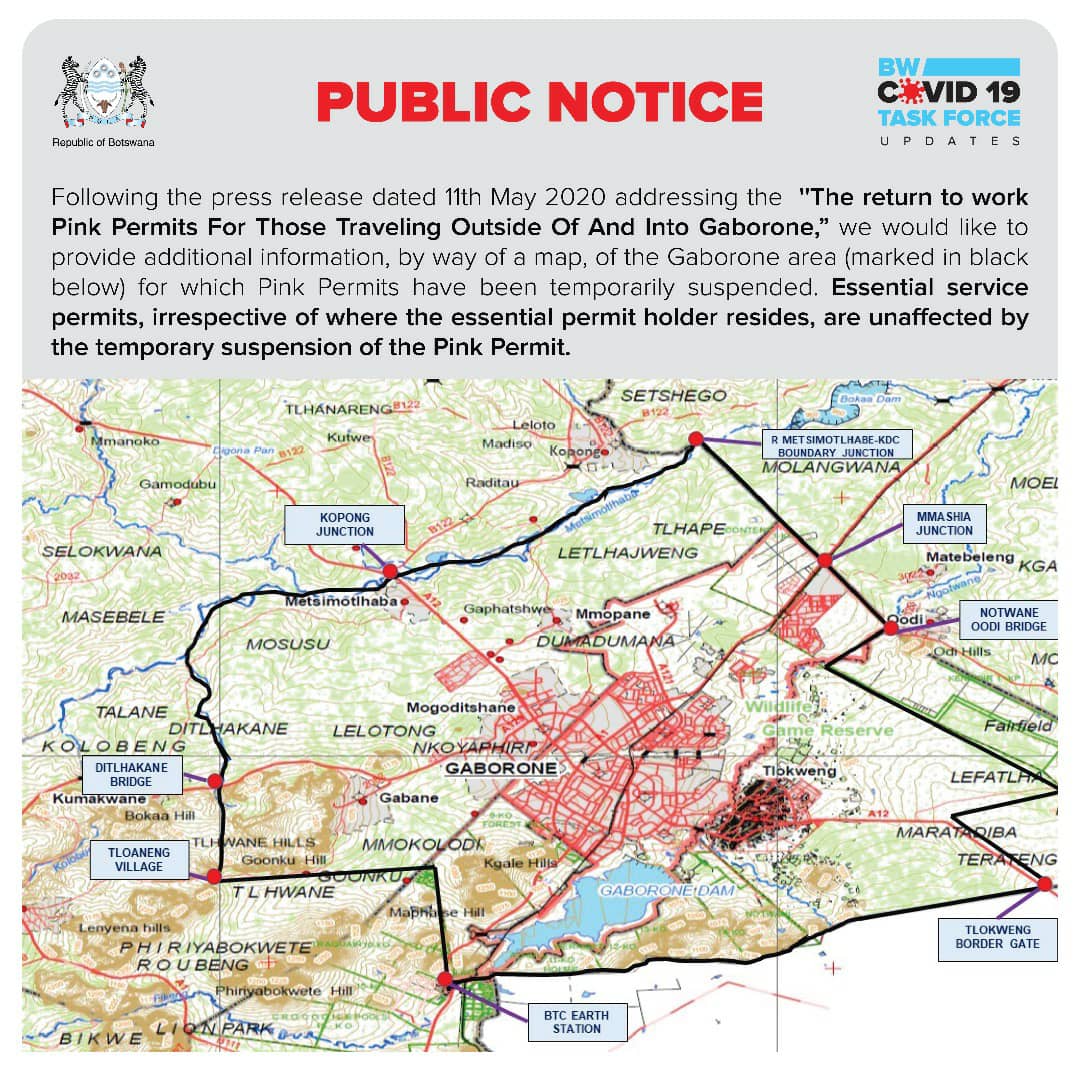 BWGovernment's tweet photo. RISTRICTED TRAVEL MAP INTO AND OUT OF GABORONE 
#LetsDefeatCOVID19Together
#AReFenyengCOVID19Mmogo 🇧🇼 https://t.co/r3rv1Eb9BU
