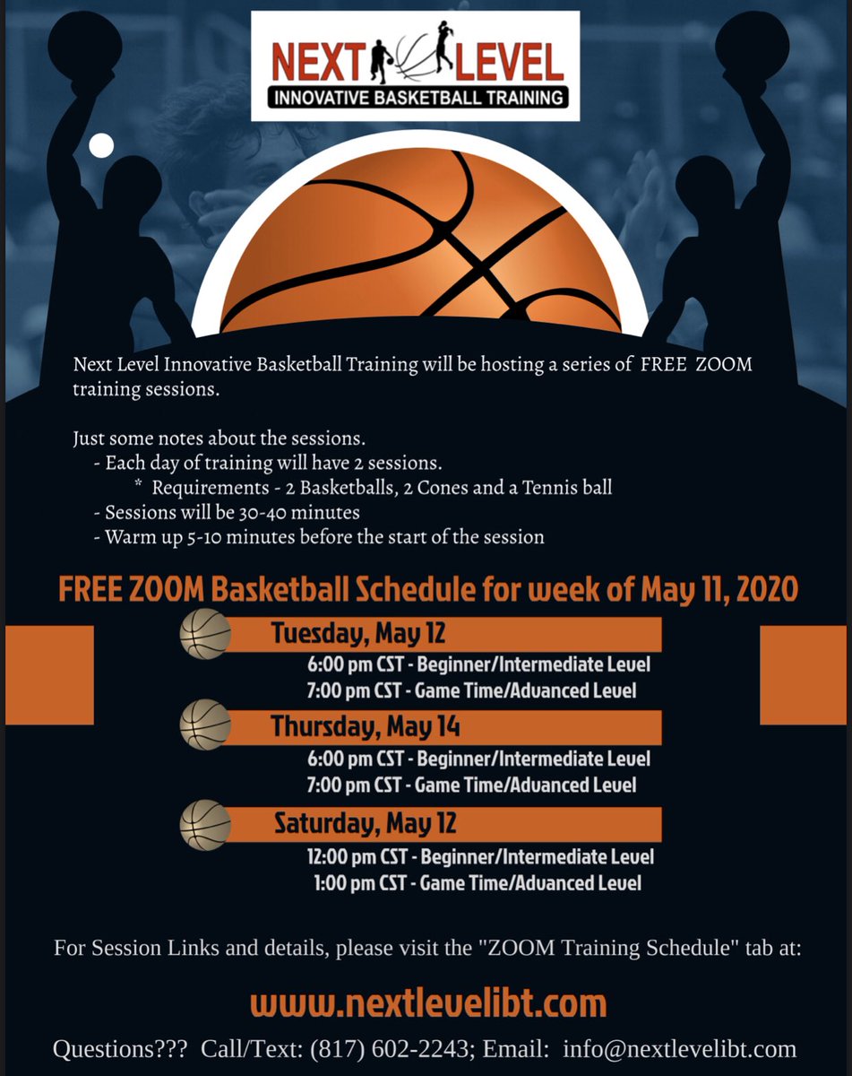 Keep working. Here is the FREE ZOOM Basketball Training Sessions for week of May 11.