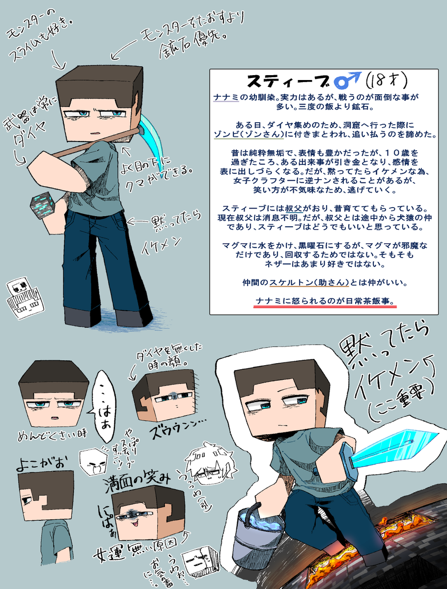 イラスト練習中 ななぽん おやすみ お知らせ Minecraft ５年ほど前に考えたキャラ設定を描きなおしました マイクラの漫画を描きたいなと タグは毎回 マイクラ物語 を付け投稿しようと思ってます よろしくお願いします その他にも考えて