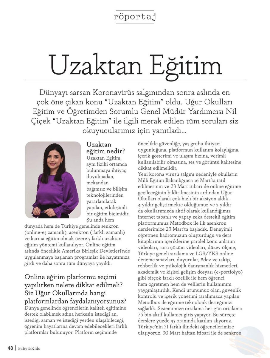 UgurOkullari's tweet photo. Uğur Okulları Eğitim ve Öğretimden Sorumlu Genel Müdür Yardımcısı Nil Çiçek, uzaktan eğitimle ilgili tüm merak edilenleri Baby and Kids Dergisi’nde açıkladı.

@BabyAndKidsMag 
#UğurluOlmak https://t.co/VgkaxoChu2