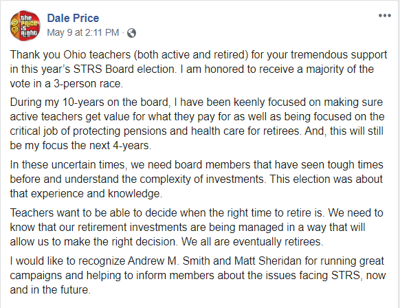 OFTunion's tweet photo. Congratulations to @TFTunion member Dale Price on his re-election to the @STRSOhio Board! Dale will continue to be a strong advocate for active and retired teachers, as STRS navigates the current economic downturn. https://t.co/h7SfsCu5Ok