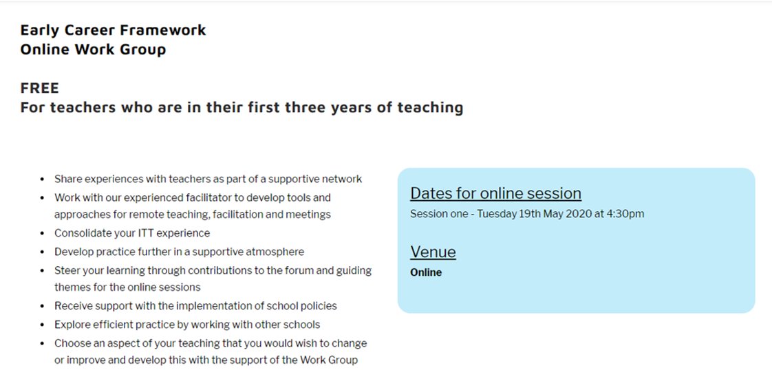 Are you in the early stages of your teaching career? Christine Watson will be hosting a FREE online session Tues 14th May at 4:30pm to offer support; to discuss tools and techniques for remote working and to work towards a career action plan. 

Register: centralmathshub.com/ECF