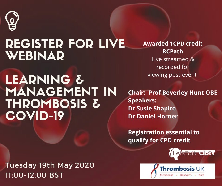 Places are filling very fast, #live #webinar Thrombosis &amp; Covid-19 - Learning &amp; Management with <a href="/bhwords/">Professor Beverley Hunt OBE (also on BlueSky)</a> @RCEMprof &amp; <a href="/shapiro_susie/">Susie Shapiro</a> #CPD accredited <a href="/RCPath/">RC of Pathologists</a> Registration (free) essential for CPD us02web.zoom.us/webinar/regist… Recording will be avialble post session.#VTE #Thrombosis