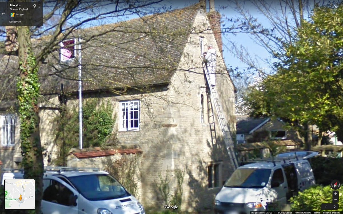 and here is the wall of a house near the parish church that probably incorporates the gatehouse of Bicester Priory, and Old Priory House to the S, thought to be the guest house, although annoyingly on streetview some blokes got his ladder in front of the medieval two-light window