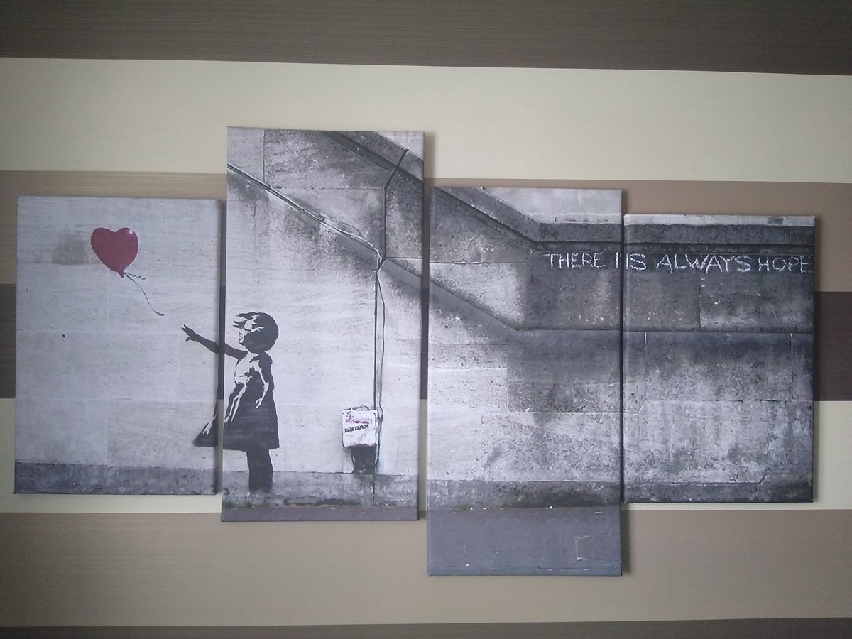 George_ITP's tweet photo. Banksy's latest artwork honoured healthcare workers as superheroes. I thought I'd share a Banksy print I have at home for day 1 of #MuseumWeek #HeroesMW https://t.co/IyxwEq8HJ1