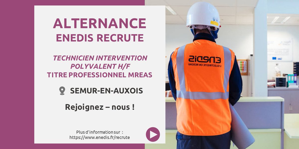 [#Recrutement 💼] 
@enedis_bourg recrute pour la rentrée de septembre un technicien d'intervention polyvalent en #alternance à #SemurEnAuxois (21) 
Alors vous aussi rejoignez notre réseau ! ⚡
Pour postuler, cliquez ici 👉 bit.ly/2YT5a7d 
#Emploi #Enedis