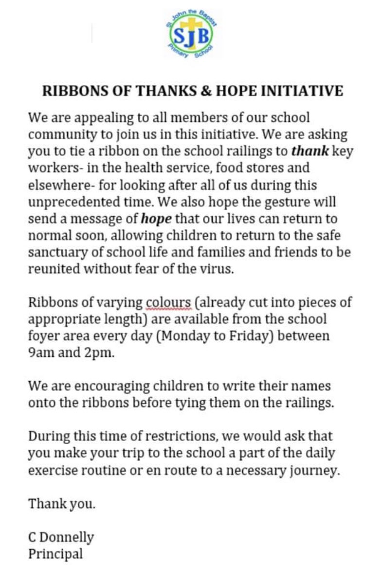 SJBPS11's tweet photo. RIBBONS OF THANKS &amp; HOPE INITIATIVE: Today we’re launching our new initiative to thank key workers &amp; send a message of hope that normality will return soon. All in the school community are welcome to show support. Please see attached letter for more details. 🎀 https://t.co/BAyCfCrVrO