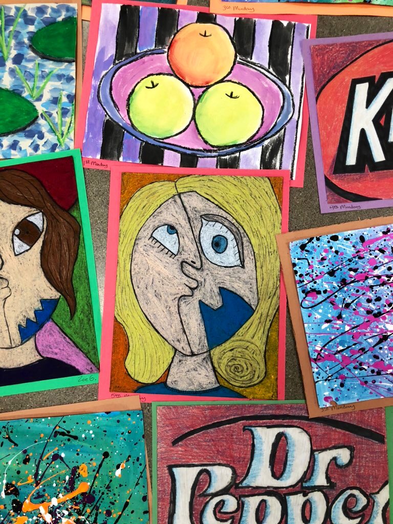 KerrCometsArt's tweet photo. I was up at Kerr last week taking down artwork to send home with all of our @KerrComets artist. I just can’t get over what a talented group of kids I get to teach. This is artwork from our Monday group (KG, 1st, 2nd, 3rd, 4th) @AisdElemArt https://t.co/uQZcHcb4tG