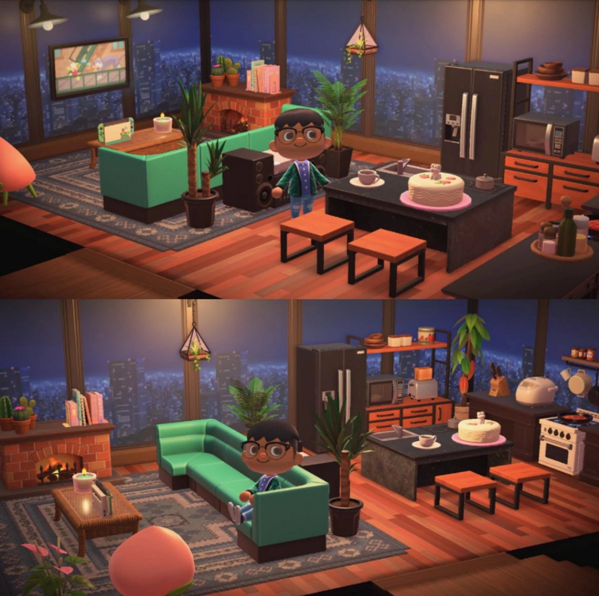 119. Un salon à l'américaine !(Source :  https://www.reddit.com/r/AnimalCrossing/comments/ghb1u0/completed_my_2nd_floor_loft/)