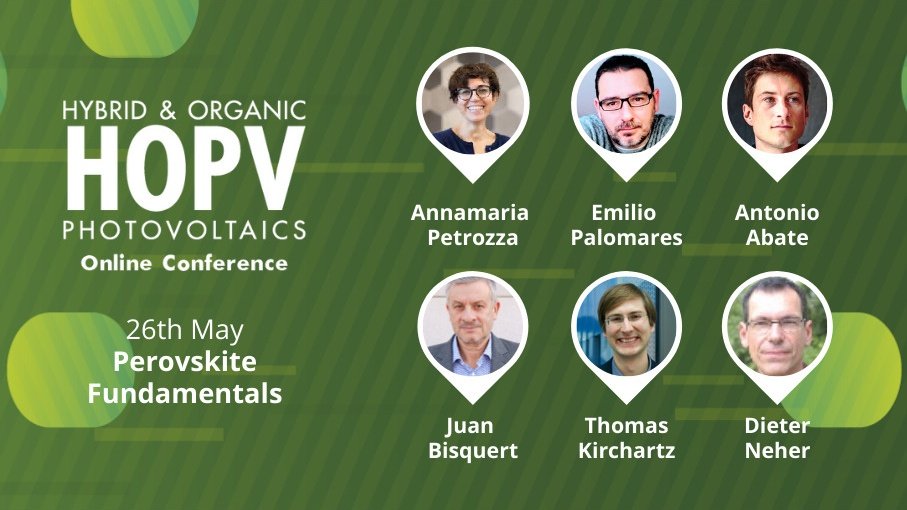 🔹 Join the #photovoltaics community online for #HOPV20!

💡 1/4 symposium: #Perovskite Fundamentals
🗣️ Oral Session with leading researchers
👩‍💻  Interactive ePoster Session for scientific exchange

26-29th May in your desktops! 🔗nanoge.org/OnlineHOPV20