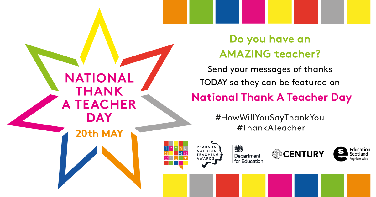 How has your teacher/school helped you in these difficult times – let us know with a special
thank you message that we can share on May 20th - National Thank A Teacher Day?
bit.ly/350bLhe #HowWillYouSayThankYou #ThankATeacher
