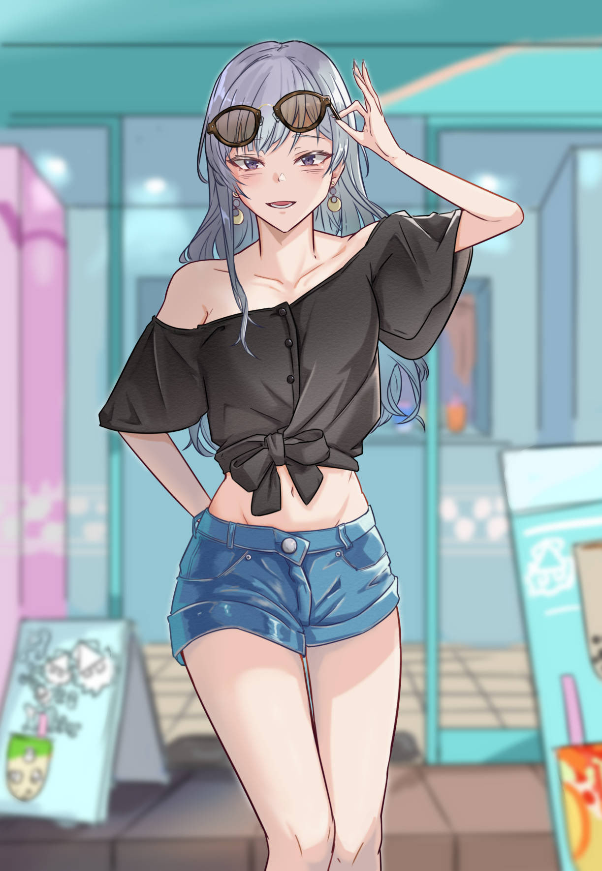 ヒョ口イカ ロングアッシュグラデーションオフショルへそ出しショートパンツのイラストです T Co Mqoipbqkfm Twitter