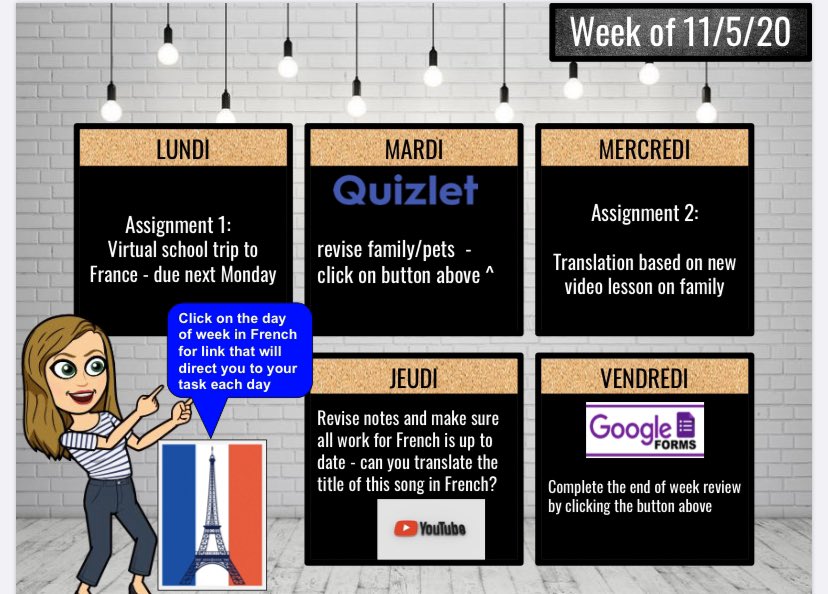 OLSFrenchdept's tweet photo. Trying a different approach to setting work this week in an effort to organise tasks for pupils 😊 - clicking on each day directly links pupils to assignments on google classroom! #sjbcdigitalschool #DistanceLearningChat #GoogleSlides https://t.co/sGdZOYEcKZ