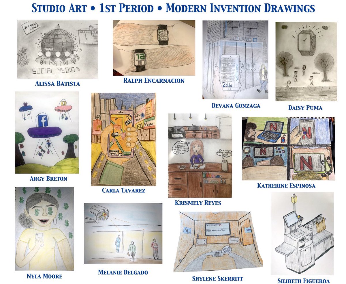 MCHSBronx's tweet photo. MCHS Mindful Monday’s! Here is work from Mr.Watson’s 1st period art class. These art pieces reflect how modern inventions are a part of everyday life. Great job students!  #MCHSBronx #MCHSStrong #MCHSBronxRadiatingExcellence #remotelearning #corevalues #commpassion @NYCSchools https://t.co/S9tUcoWr7w