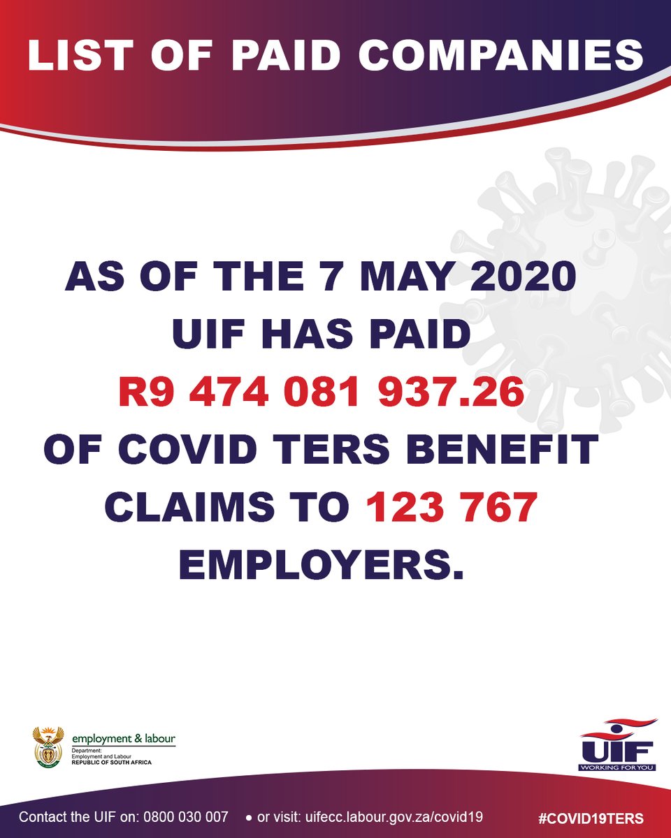 Department Of Employment And Labour On Twitter Covid19 As From 7 May 2020 The Uifbenefits Has Paid R9 474 081 937 26 Of Covidters Benefit Claims To 123 767 Employers Https T Co Kjh4nwbw2c