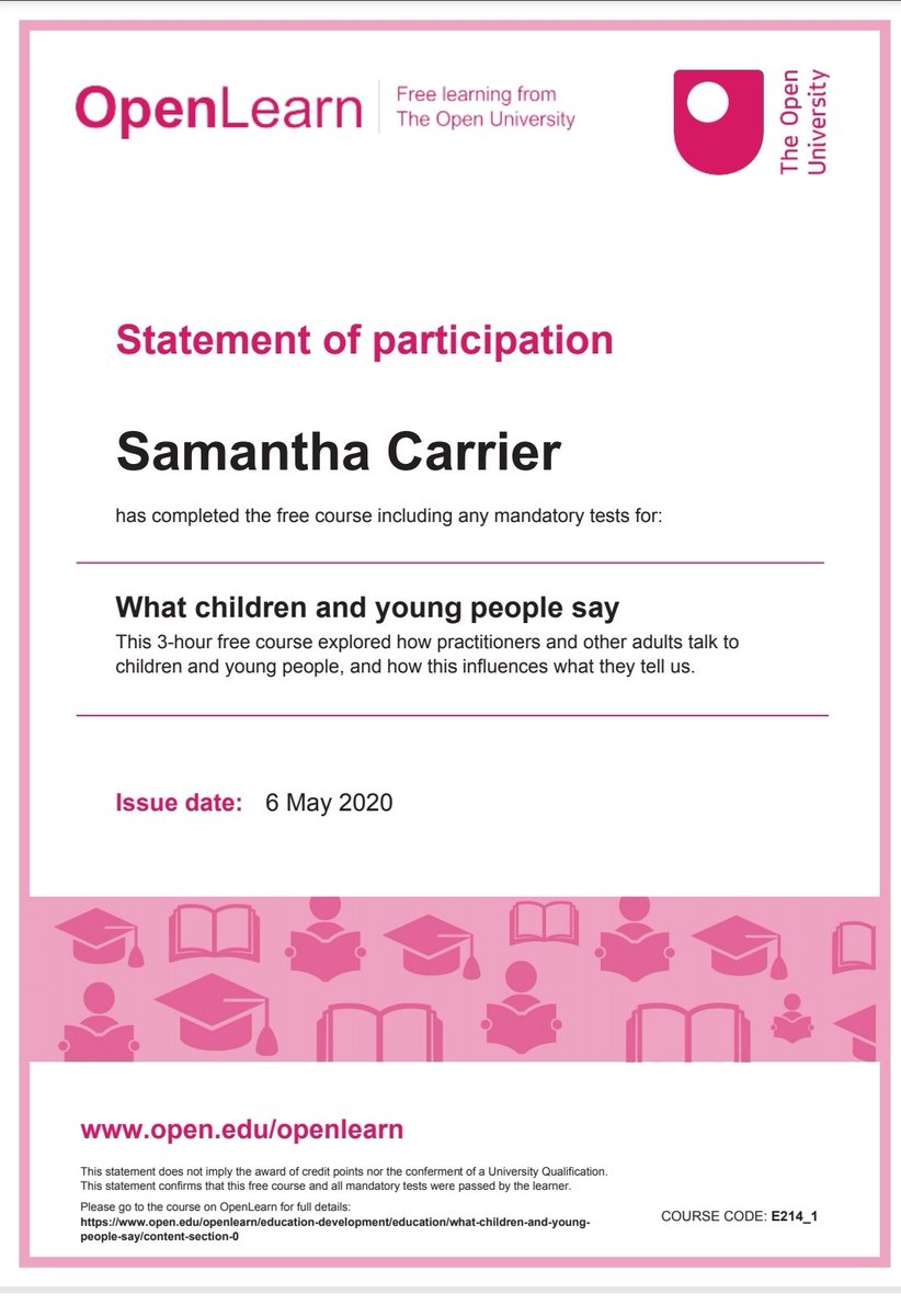 SSammiCC's tweet photo. Completed CALA and Open University Courses recently, finding them interesting and informative. Continuing to learn and refresh my knowledge. @LangleesELCC @FCEYteam https://t.co/CAtPN4CASm