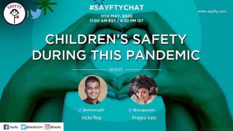 How are the children doing during this #Covid_19 pandemic? Are they safe? Join in 60 Min on #sayftychat w/ guests @pragyavats & @vickyroy87 & share your insights! Time: 8:30 pm IST (11am ET) Supported by @TwitterIndia #eachonereachone    @stc_india @CHILDLINE1098 @NCWIndia